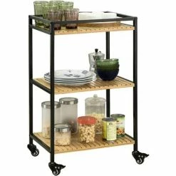 SoBuy 3 Tiers Metal Bamboo Drinks Serving Trolley Kitchen Shelf FKW65-N