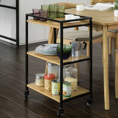 SoBuy 3 Tiers Metal Bamboo Drinks Serving Trolley Kitchen Shelf FKW65-N 2 SoBuy 3 Tiers Metal Bamboo Drinks Serving Trolley Kitchen Shelf FKW65-N - Image 2
