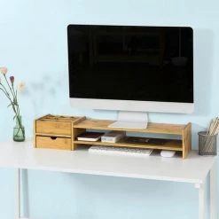 SoBuy Bamboo Monitor Stand Computer Screen Riser Desk Organisers BBF01-N