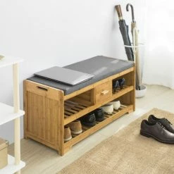 SoBuy Bamboo 2 Tiers Shoe Rack Shoe Bench With Seat Cushion, Hallway Shoe Storage Bench With Drawer,FSR75-N -SOBUY Shop 16499647 3