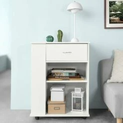 SoBuy Movable Filing Cabinet Printer Stand, Storage Cabinet Cupboard, Side Table End Table,2 Side Shelves, 1 Drawer And 2 Shelves,FSB45-W -SOBUY Shop 40332679 5