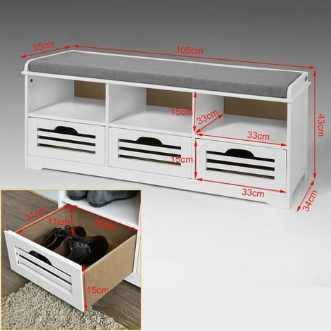 SoBuy Shoe Storage Bench With 3 Drawers, 3 Storage Cubes & Seat Cushion, FSR36-W 2 SoBuy Shoe Storage Bench With 3 Drawers, 3 Storage Cubes & Seat Cushion, FSR36-W - Image 2