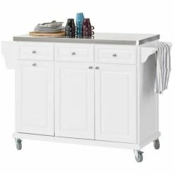 SoBuy Luxury Kitchen Storage Island With Stainless Steel Worktop,White,FKW33-W