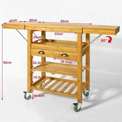 SoBuy Bamboo Kitchen Storage Trolley Cart With Folding Worktop, FKW25-N 2 SoBuy Bamboo Kitchen Storage Trolley Cart With Folding Worktop, FKW25-N - Image 2