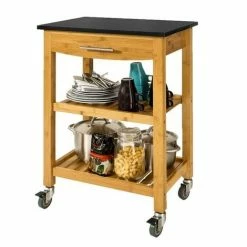 SoBuy Kitchen Storage Trolley Cart Island With Black Granite Top, FKW28-SCH