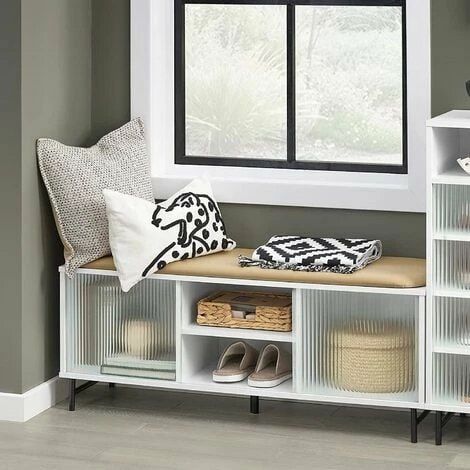 SoBuy Hallway Storage Bench Shoe Bench Shoe Rack With Glass Sliding Doors,FSR115-W 2 SoBuy Hallway Storage Bench Shoe Bench Shoe Rack With Glass Sliding Doors,FSR115-W - Image 2