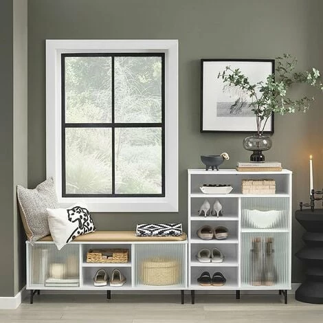 SoBuy Hallway Storage Bench Shoe Bench Shoe Rack With Glass Sliding Doors,FSR115-W 5 SoBuy Hallway Storage Bench Shoe Bench Shoe Rack With Glass Sliding Doors,FSR115-W - Image 5