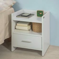 SoBuy White Wood Side Table With Drawer, FBT66-W